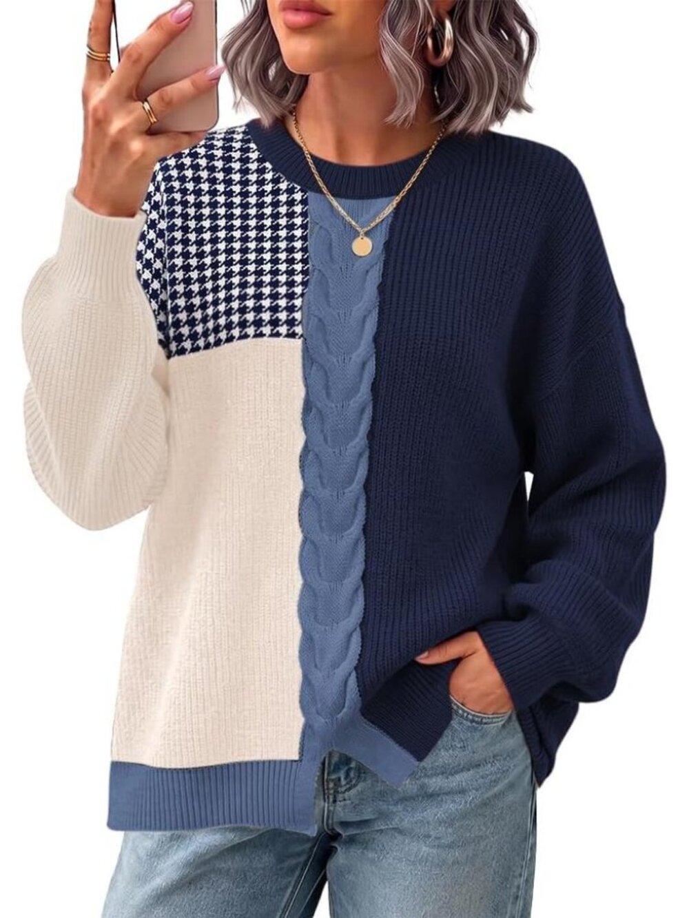 Women's Blue NEW Oversized Fall Fashion Clothes Contrast Cable Trendy Sweaters